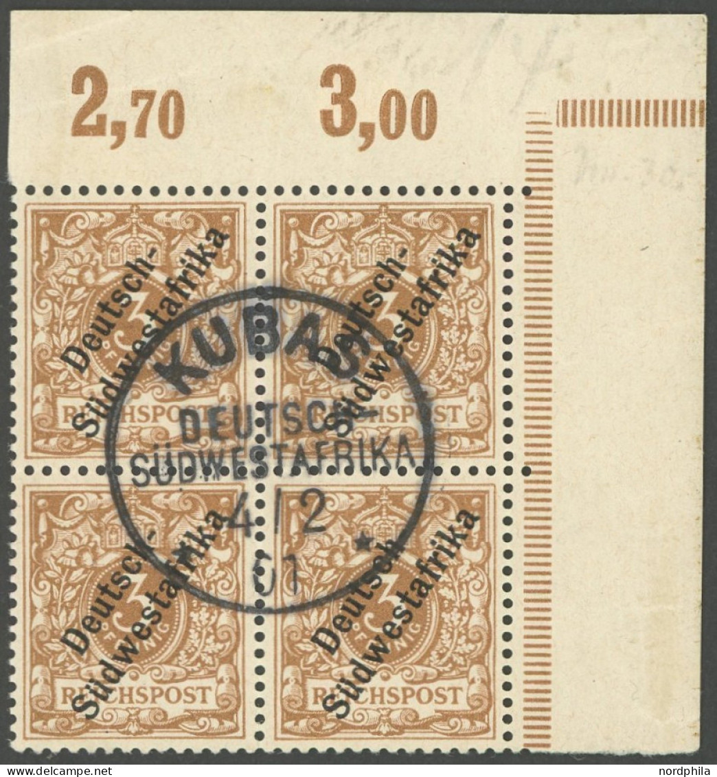 DSWA 5b VB O, KUBAS, 4.2.01, Zentrisch Auf 3 Pf. Im Viererblock Aus Der Oberen Rechten Bogenecke, Pracht - German South West Africa