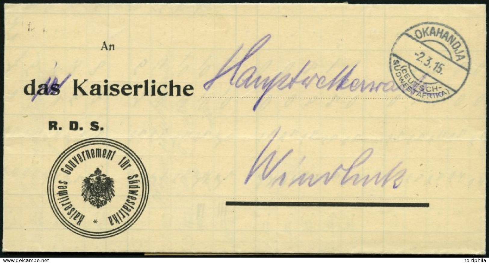 DSWA OKAHANDJA, 2.3.15, Regenmesstabelle Von OTIJOSAZU, Mit Rückseitigem Adlerstempel Des Distriktamtes, Nach Windhoek,  - Deutsch-Südwestafrika