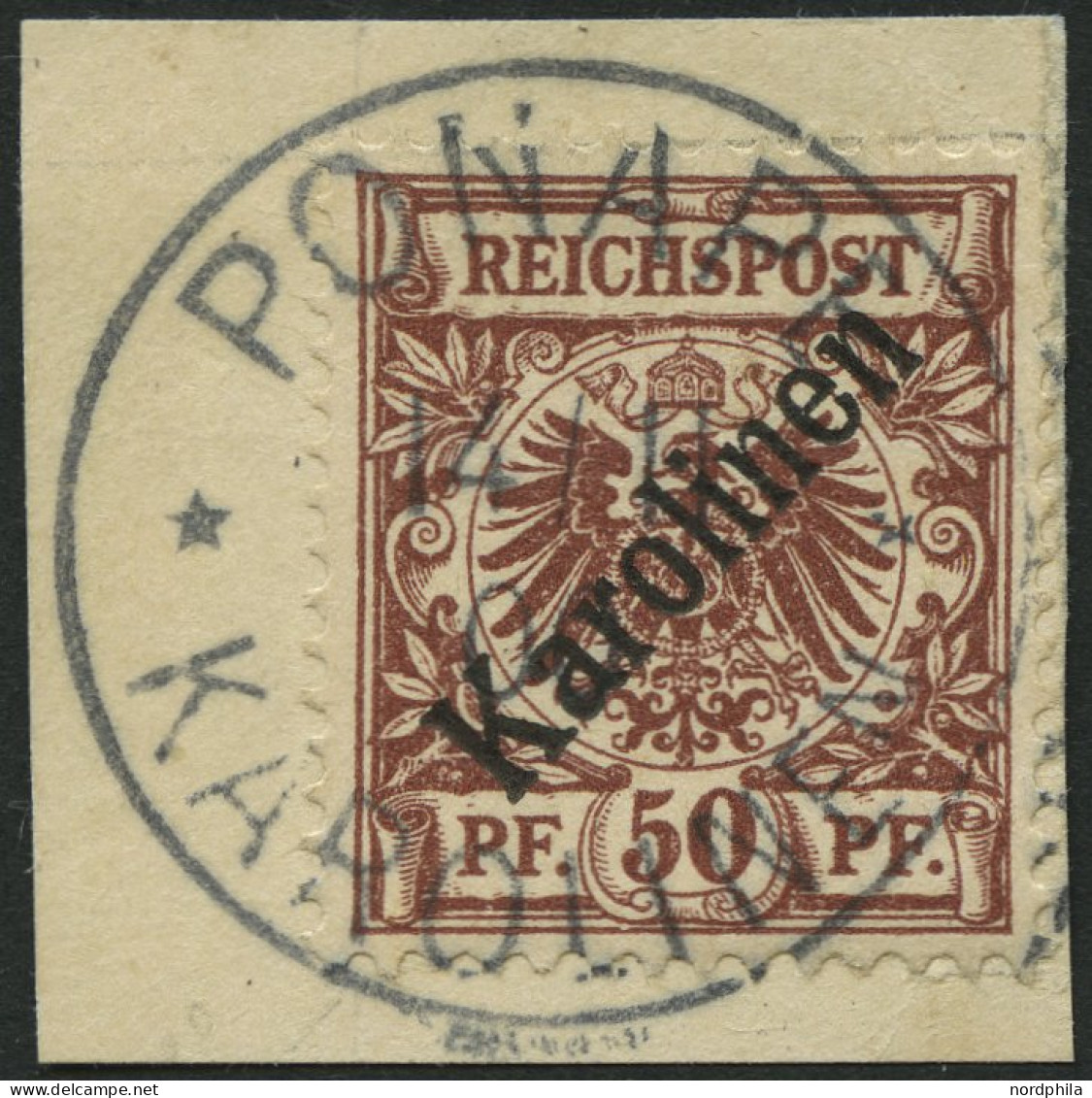 KAROLINEN 6I BrfStk, 1899, 50 Pf. Diagonaler Aufdruck, Prachtbriefstück, Gepr. Dr. Lantelme, Mi. (1800.-) - Carolines