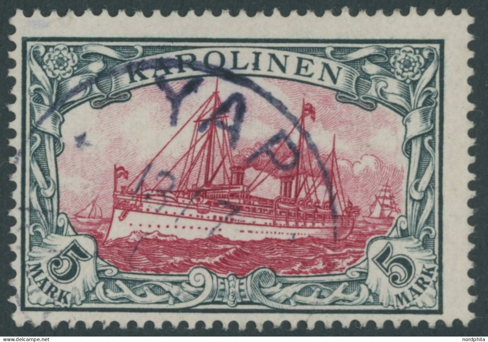 KAROLINEN 19 O, 1900, 5 M. Grünschwarz/dunkelkarmin, Ohne Wz., Stempel YAP, Pracht, Signiert, Mi. 600.- - Karolinen