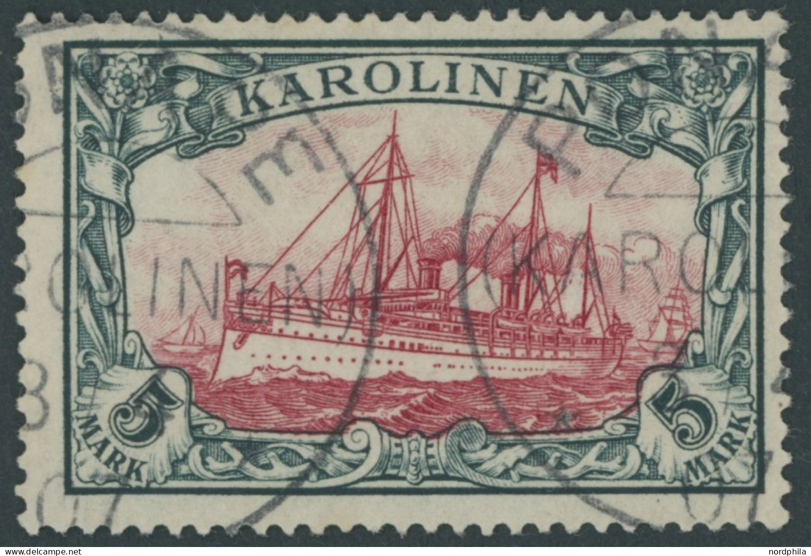 KAROLINEN 19 O, 1900, 5 M. Grünschwarz/dunkelkarmin, Ohne Wz., Stempel PONAPE, Pracht, Mi. 600.- - Islas Carolinas