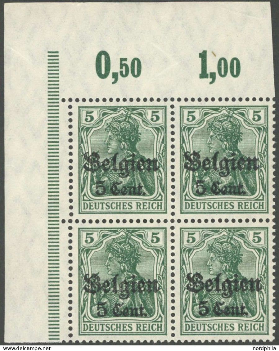 LANDESPOST IN BELGIEN 12IaZa , 1916, 5 C. Auf 5 Pf. Opalgrün Friedensdruck, Im Oberen Linken Eckrandviererblock, Dabei F - Bezetting 1914-18