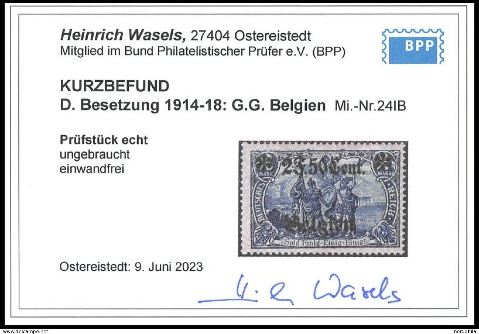 LANDESPOST IN BELGIEN 24IB , 1914, 2 F. 50 C. Auf 2 M., Type I, Gezähnt B, Falzrest, Pracht, Kurzbefund Wasels, Mi. 100. - Occupation 1914-18