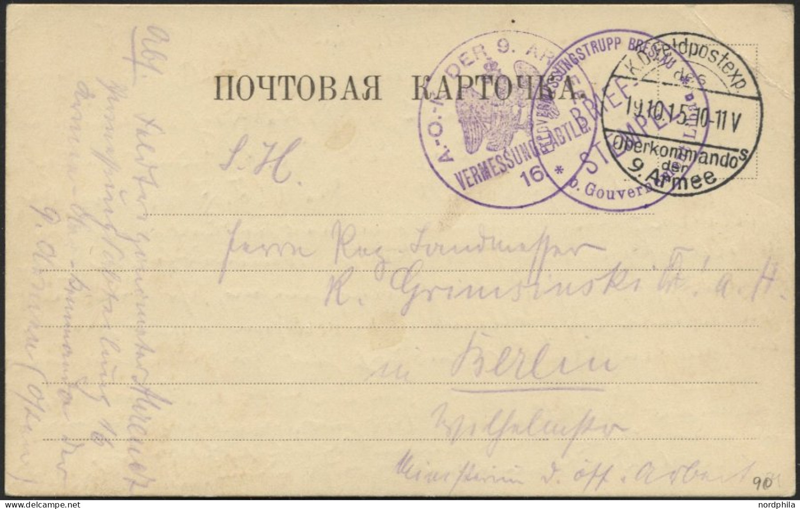 DT. FP IM BALTIKUM 1914/18 K.D. FELDPOSTEXP. DES OBERKOMMANDOS DER 9. ARMEE A, 19.10.15, Auf Karte Von Homin Nach Berlin - Latvia