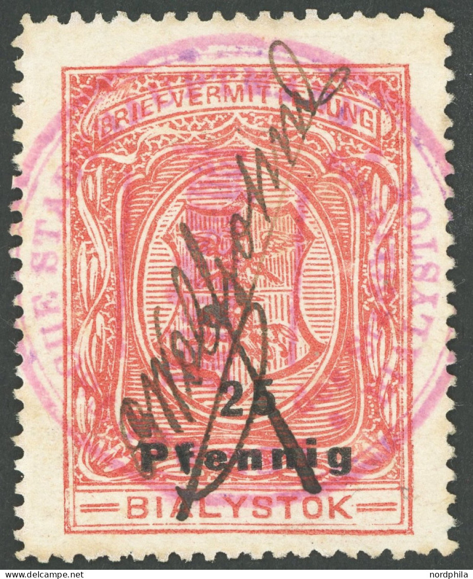 BIALYSTOK 1II O, 1916, 25 Pf. Lilarot, Mit Namenszug, Pracht, Mi. 400.- - Besetzungen 1914-18