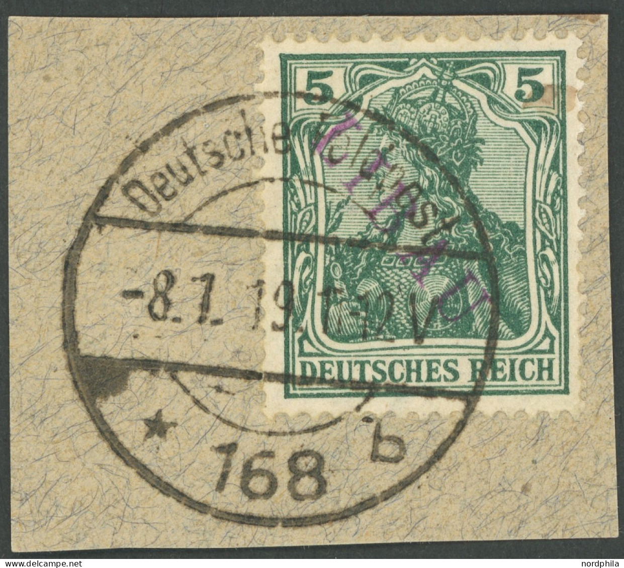LIBAU 1Bb BrfStk, 1919, 5 Pf. Bläulichgrün, Type II, Aufdruck Rot, Prachtbriefstück, Mi. 130.- - Ocupación 1914 – 18