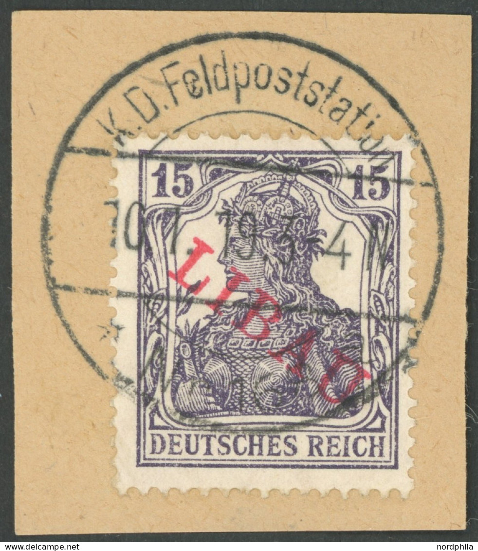 LIBAU 3Bb BrfStk, 1919, 15 Pf. Schwarzviolett, Type II, Aufdruck Rot, üblich Gezähntes Prachtbriefstück, Signiert, Mi. 1 - Besetzungen 1914-18