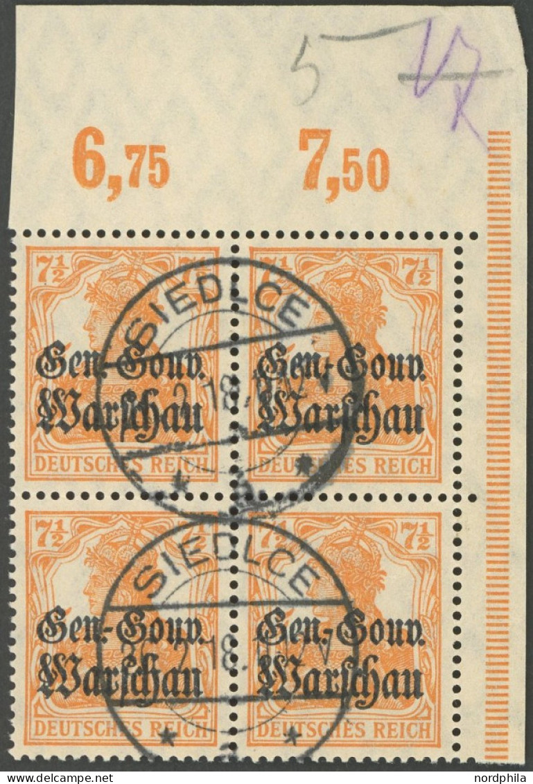 DEUTSCHE POST IN POLEN 9a P VB O, 1916, 7 1/2 Orange, Plattendruck Im Rechten Oberen Eckrandviererblock Mit Seltenem Ste - Occupation 1914-18