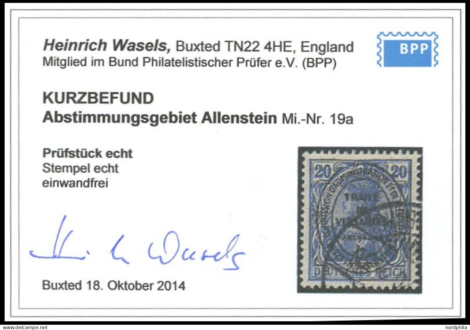 ALLENSTEIN 19a O, 1920, 20 Pf. Lilaultramarin, Pracht, Kurzbefund Wasels, Mi. 150.- - Other & Unclassified