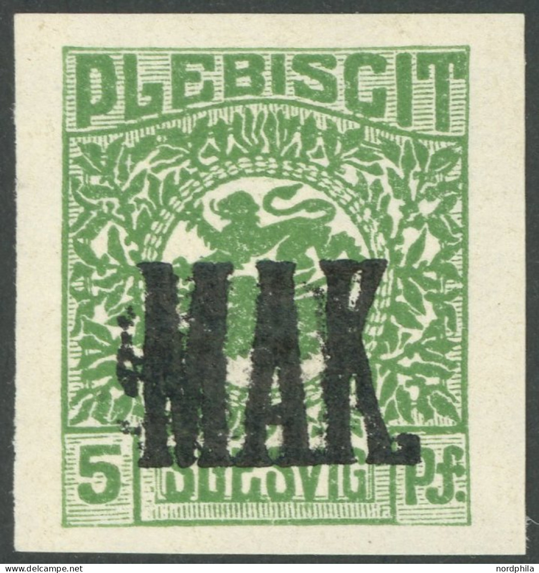 SCHLESWIG 2P 2 , 1920, 2 Pf. Dunkelolivgrün, Ungezähnter Probedruck Mit Aufdruck MAK, Postfrisch, Pracht, Mi. -.- - Autres & Non Classés