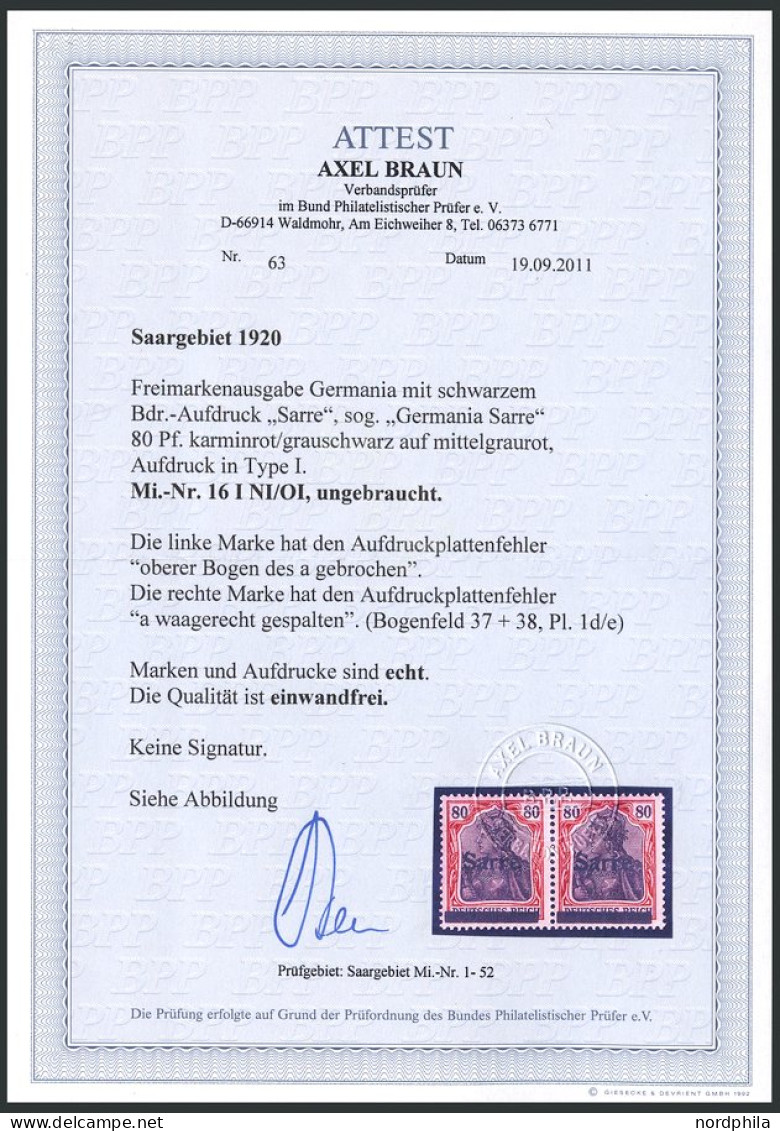 SAARGEBIET 16INI/OI , 1920, 80 Pf. Karminrot/grauschwarz Auf Mittelgraurot, Type I, Im Waagerechten Paar Mit Plattenfehl - Sonstige & Ohne Zuordnung