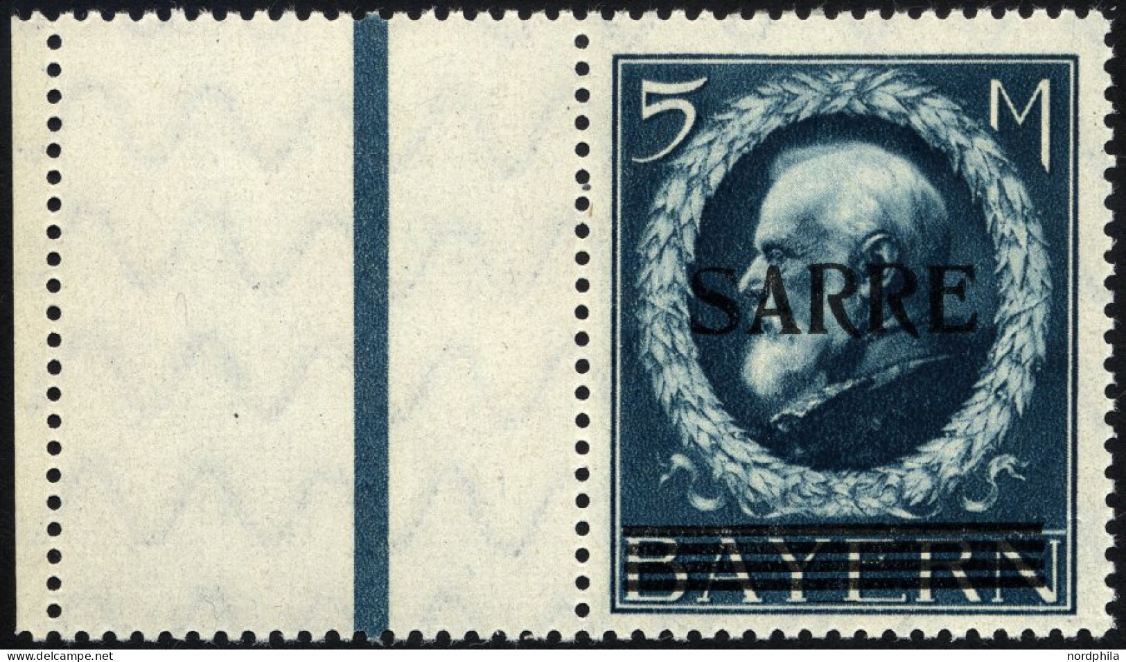 SAARGEBIET 30L , 1920, 5 M. Bayern-Sarre Mit Anhängendem Leerfeld, Pracht, Gepr. Burger, Mi. 3000.- - Autres & Non Classés