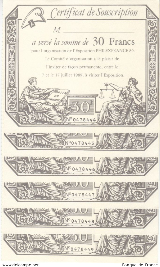 6 Bons 30 F Vierges Certificat De Souscription à L'Exposition PhilexFrance 89 Inspirés D'un "assignat" NEUFS - Bons & Nécessité