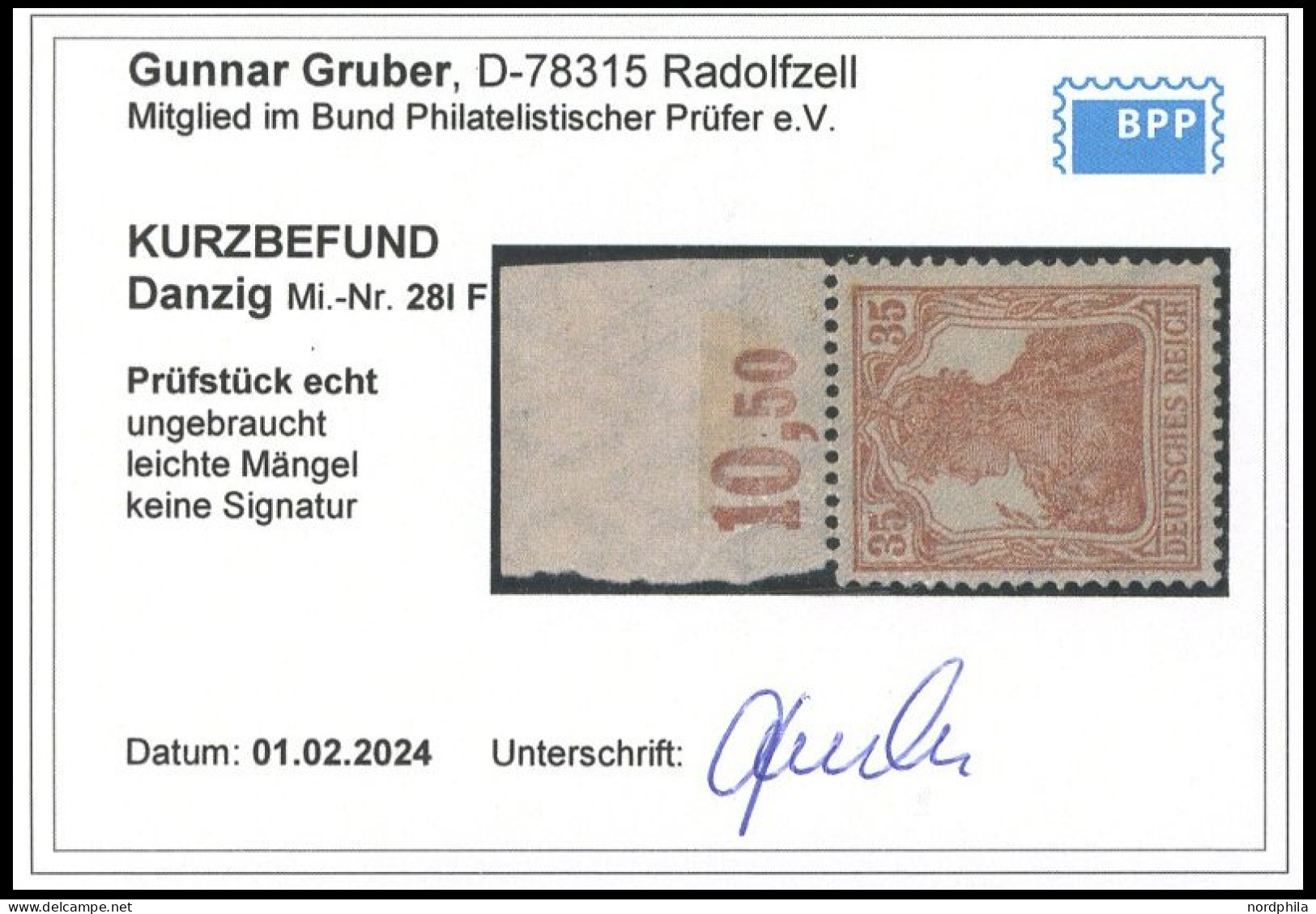 FREIE STADT DANZIG 28IF , 1920, 2 M. Auf 35 Pf., Nur Hellgrauer Netzunterdruck, Oberrandstück, Feinst, Kurzbefund Gruber - Sonstige & Ohne Zuordnung