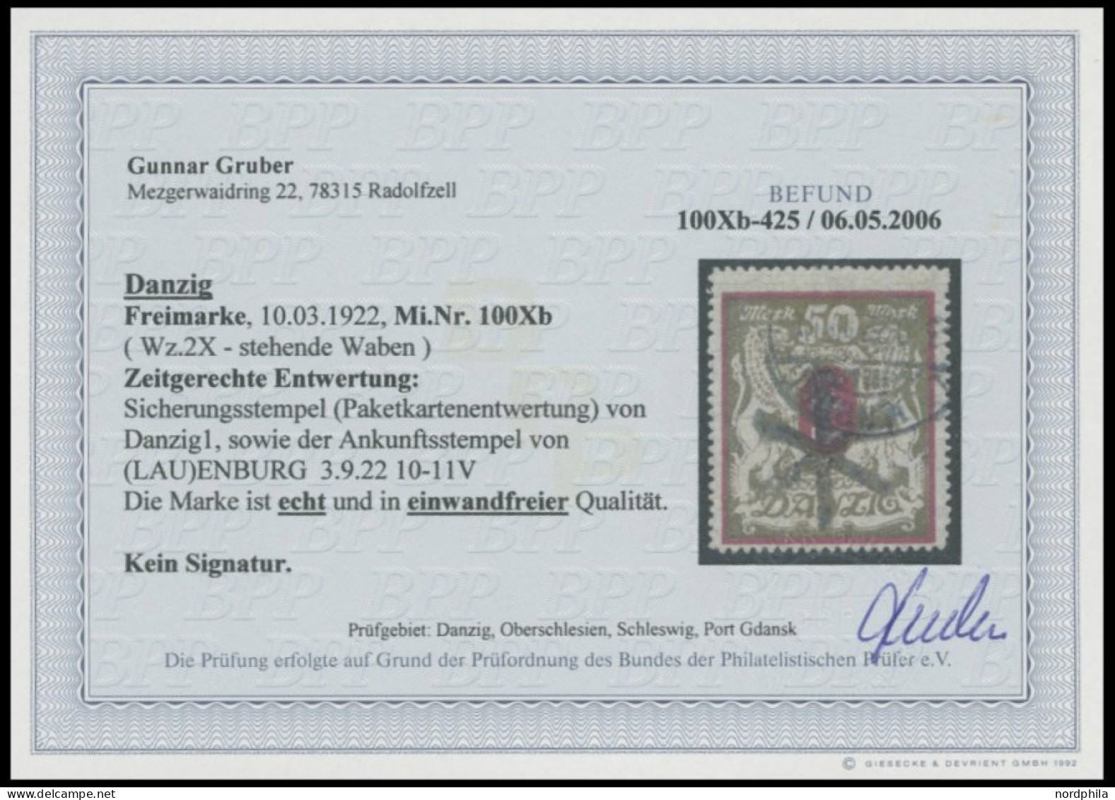 FREIE STADT DANZIG 100Xb O, 1922, 50 M. Lilarot/gold, Wz. X, Zeitgerechte Entwertung DANZIG 5, Pracht, Fotobefund Gruber - Other & Unclassified