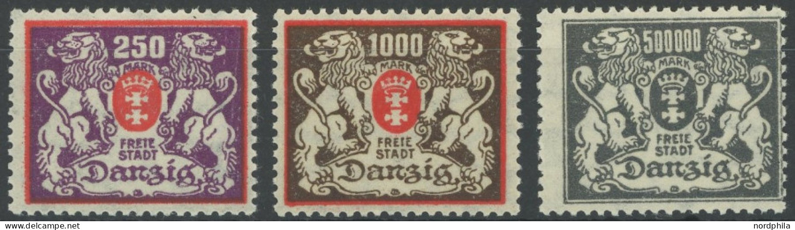 FREIE STADT DANZIG 143,144,157F , 1923, 250 M., 1000 M. Und 500.000 M., Ohne Unterdruck, 3 Prachtwerte, Gepr. Kniep, Mi. - Autres & Non Classés