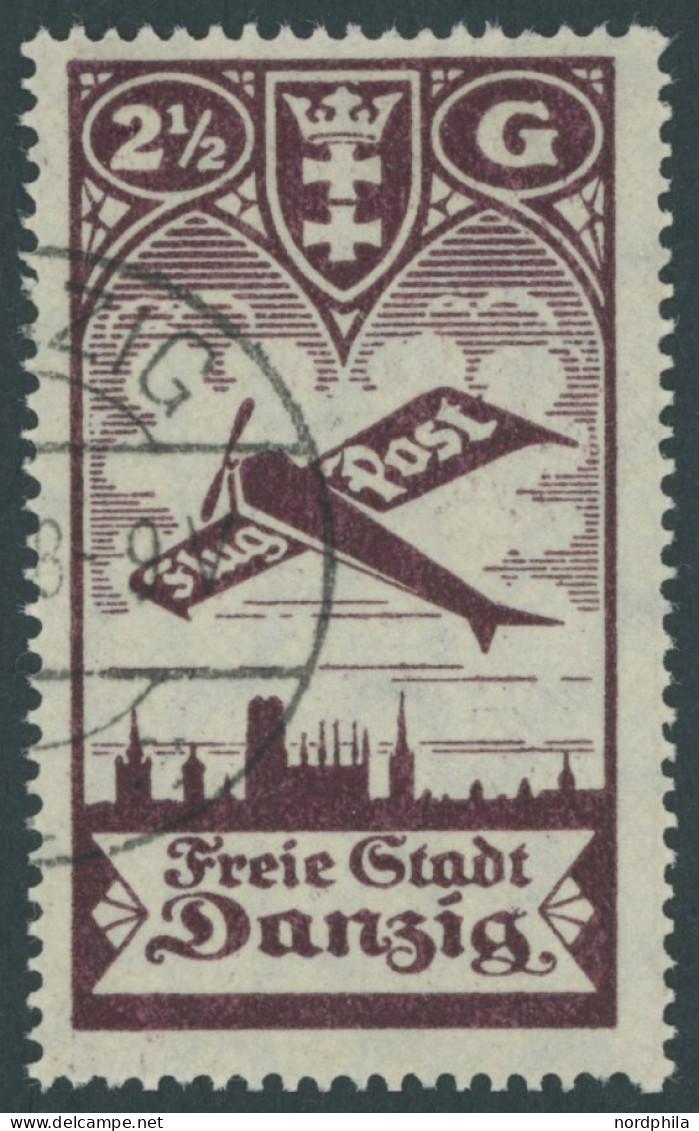 FREIE STADT DANZIG 206III O, 1924, 21/2 G. Flugpost Mit Abart Rechts Oben Und Unten Breiter Ausgleichszahn, Pracht, Mi.  - Other & Unclassified
