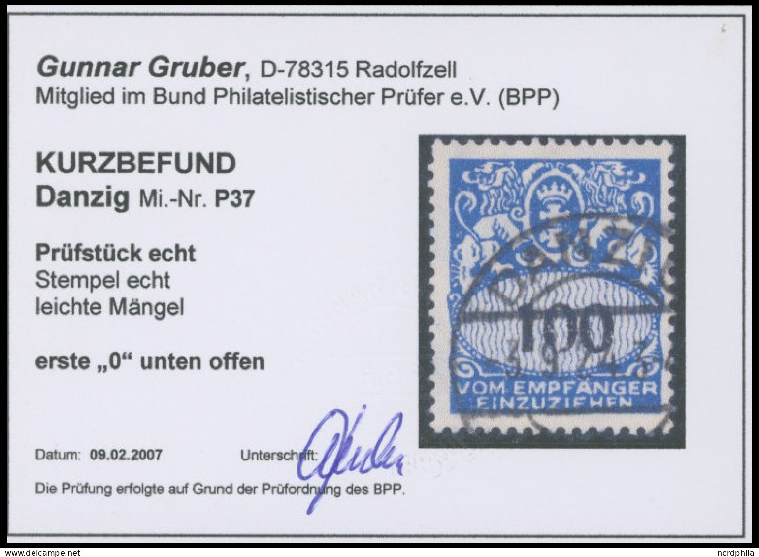 PORTOMARKEN P 37III O, 1923, 100 Pf. Dunkelkobalt Mit Plattenfehler Erste 0 Unten Offen, Stumpfer Zahn Sonst Pracht, Kur - Sonstige & Ohne Zuordnung