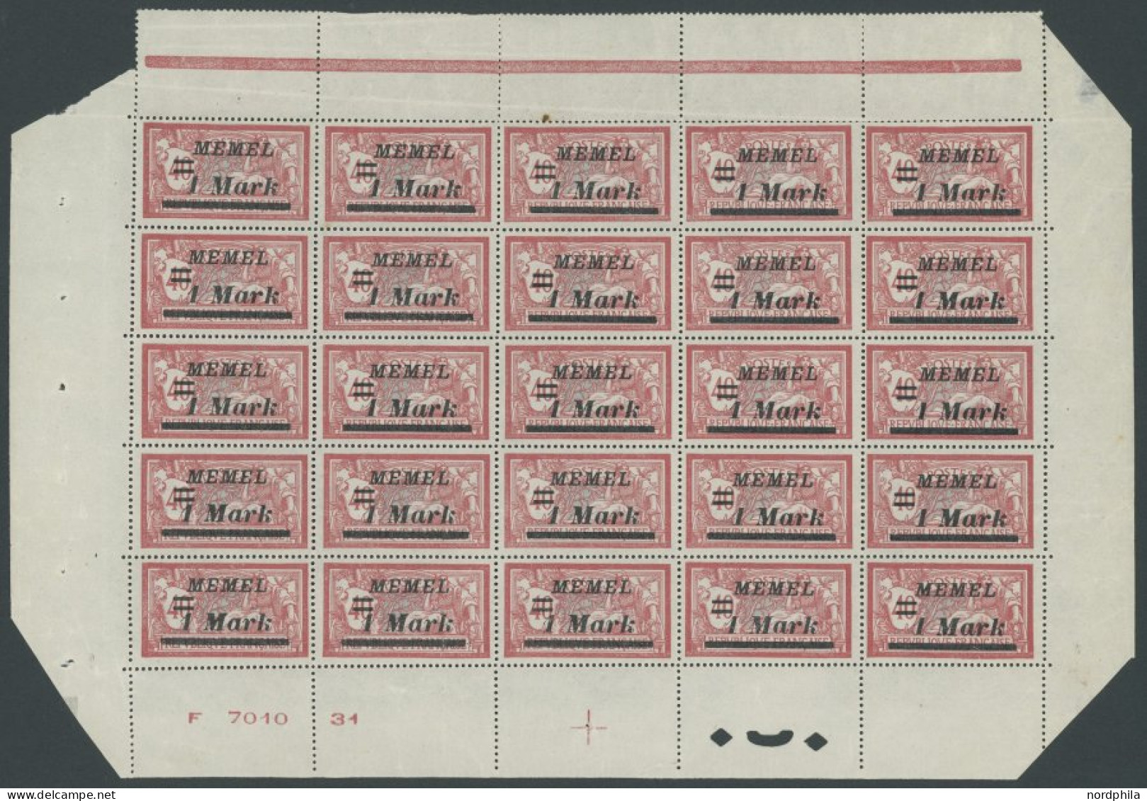 MEMELGEBIET 64 , 1922, 1 M. Auf 40 C. Graurot/türkisgrau Im Unteren Bogenteil (25) Mit Druckdatum, Postfrisch, Marken Al - Memelgebiet 1923