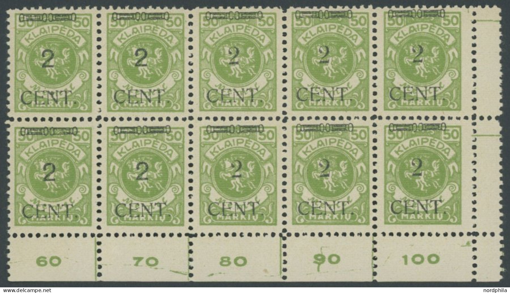 MEMELGEBIET 177III,IV , 1923, 2 C. Auf 50 M. Gelbgrün, Type III Und IV Im Zehnerblock Aus Der Rechten Unteren Bogenecke, - Memelland 1923
