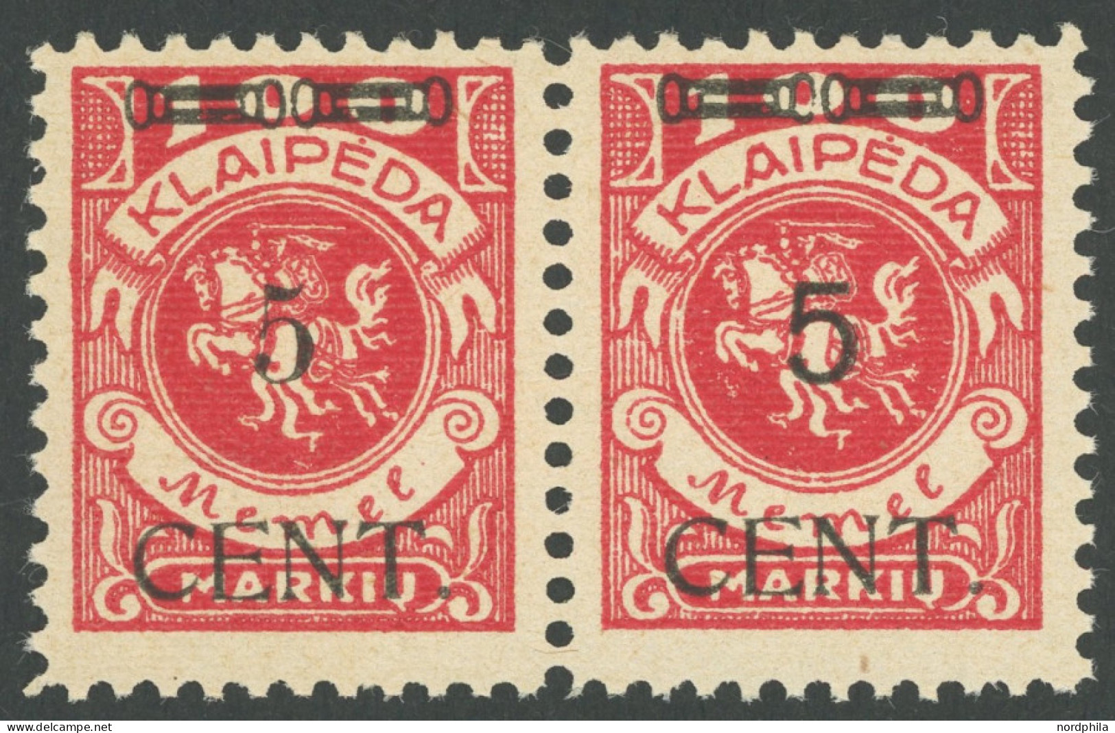 MEMELGEBIET 180W4 , 1923, 5 C. Auf 100 M. Dunkelrosa, Typen III/IV Im Waagerechten Typenpaar, Postfrisch, Pracht, R!, Mi - Memel (Klaïpeda) 1923