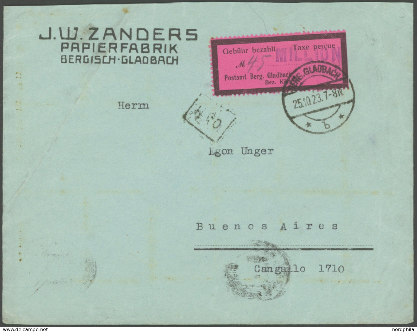 DEUTSCHE LOKALAUSGABEN 1AIII BRIEF, BERGISCH GLADBACH: 1923, 45 Mio., Dreiseitig Gezähnter Gebührenzettel, Wertangabe MI - Covers & Documents