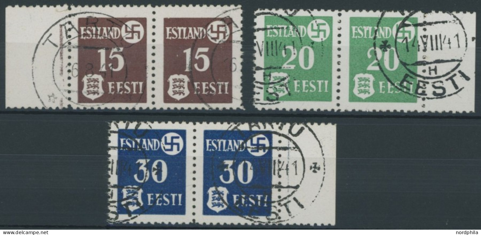 ESTLAND 1-3y Paar O, 1941, Landespost, Gewöhnliches Papier, In Waagerechten Randpaaren, Prachtsatz, Mi. 110.- - Besetzungen 1938-45