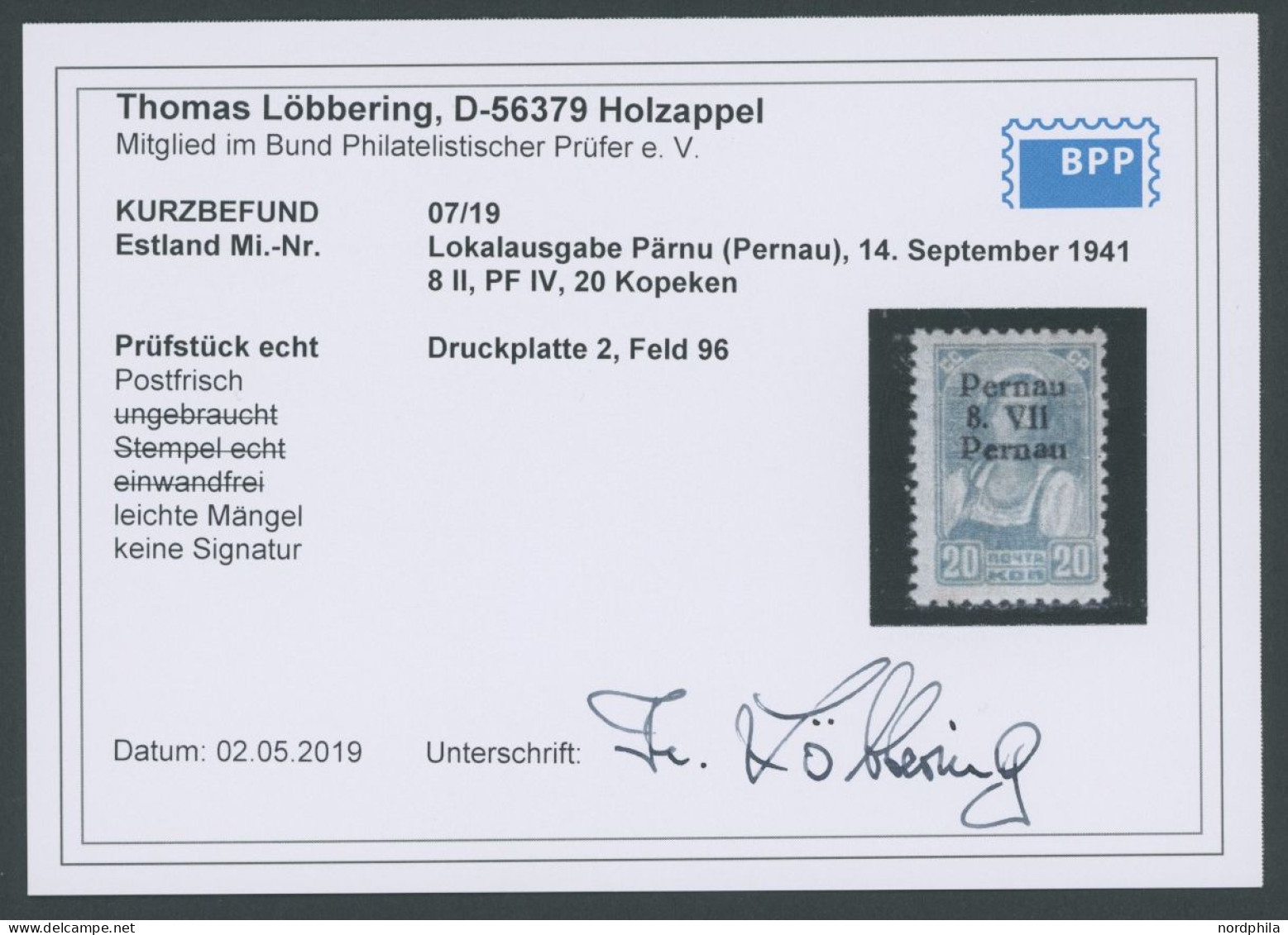 PERNAU 8IV , 1941, 20 K. Schwarzgelbgrün Mit Aufdruck Pernau/Pernau, Feinst (etwas Fleckig), Kurzbefund Löbbering, Mi. 1 - Bezetting 1938-45