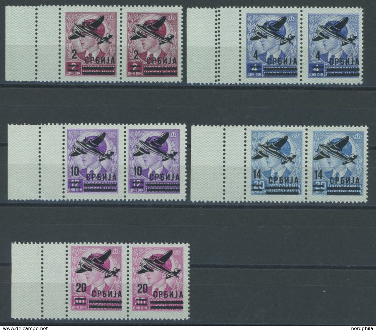 SERBIEN 66-70L , 1942, Flugpost In Waagerechten Paaren Mit Links Anhängenden Kleinen Leerfeldern, Postfrischer Prachtsat - Occupation 1938-45