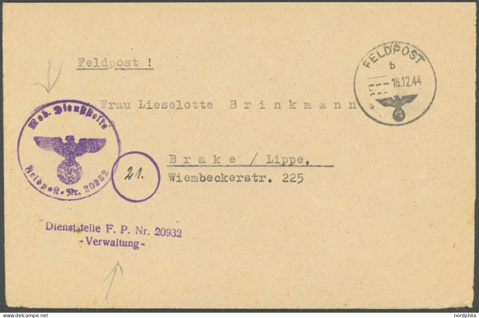 FELDPOST II. WK BELEGE 1944, Deutsche Wehrmacht: Mobile Dienststelle Feldpostnummer 20932, Front-Heimat Brief, Dazu 3 Sc - Bezetting 1938-45