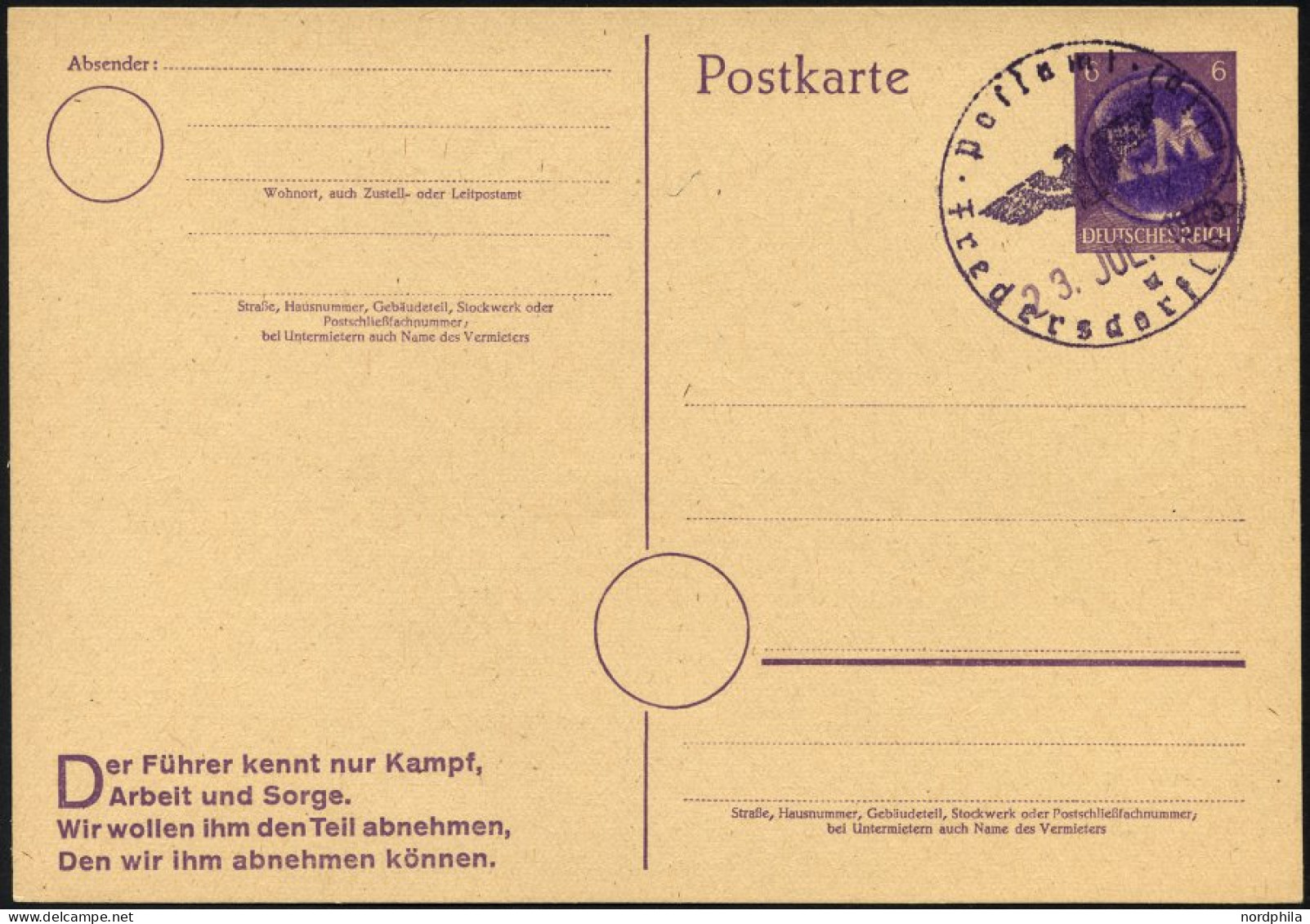 FREDERSDORF DR P 314 BRIEF, 1945, 6 Pf. Hitler-Ganzsachenkarte Mit Seltenem Dienststempel, Leer Gestempelt, Pracht, Gepr - Private & Lokale Post