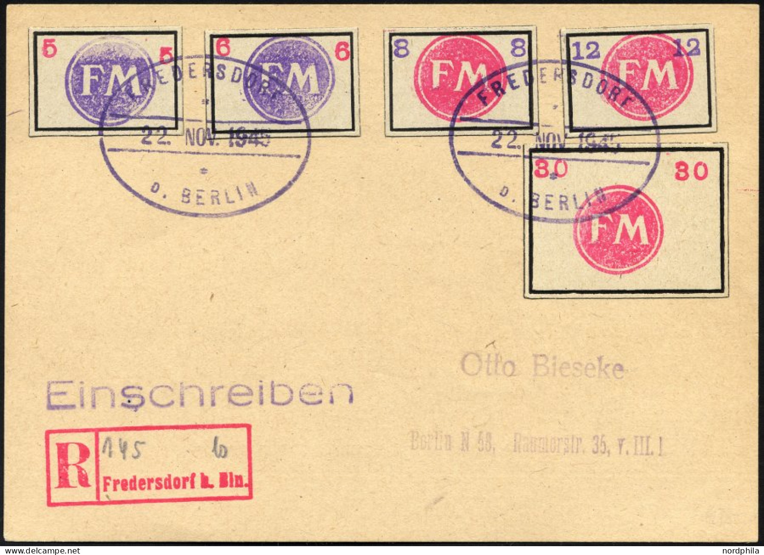 FREDERSDORF Sp231-34,50 BRIEF, 1945, 5 - 12 Pf., Rahmengröße 28x19 Mm Und 30 Pf., Rahmengröße 38x28 Mm, Kleine Wertziffe - Postes Privées & Locales