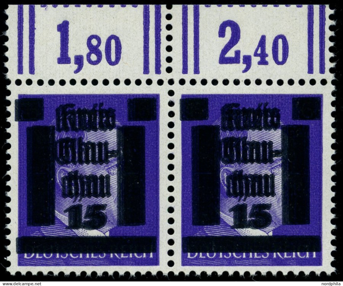 GLAUCHAU 5aDDV Paar , 1945, 15 Auf 6 Pf. Lebhaftblauviolett Doppelaufdruck Im Waagerechten Paar, Ein Wert Mit Abart R In - Postes Privées & Locales