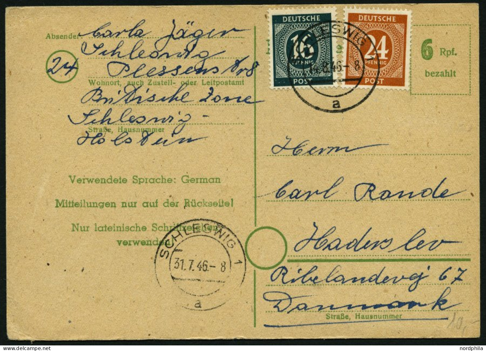 ALLIIERTE BES. 923,925 BRIEF, 1946, 16 Pf. Schwärzlichopalgrün Und 24 Pf. Braunorange Auf 6 Pf. Ganzsachenkarte (P 783)  - Other & Unclassified