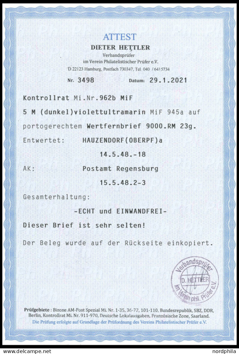 ALLIIERTE BES. 962b BRIEF, 1948, 5 Mk. Violettultramarin Mit Zusatzfrankatur 8 Pf. Arbeiter Auf Portogerechtem Wertbrief - Andere & Zonder Classificatie