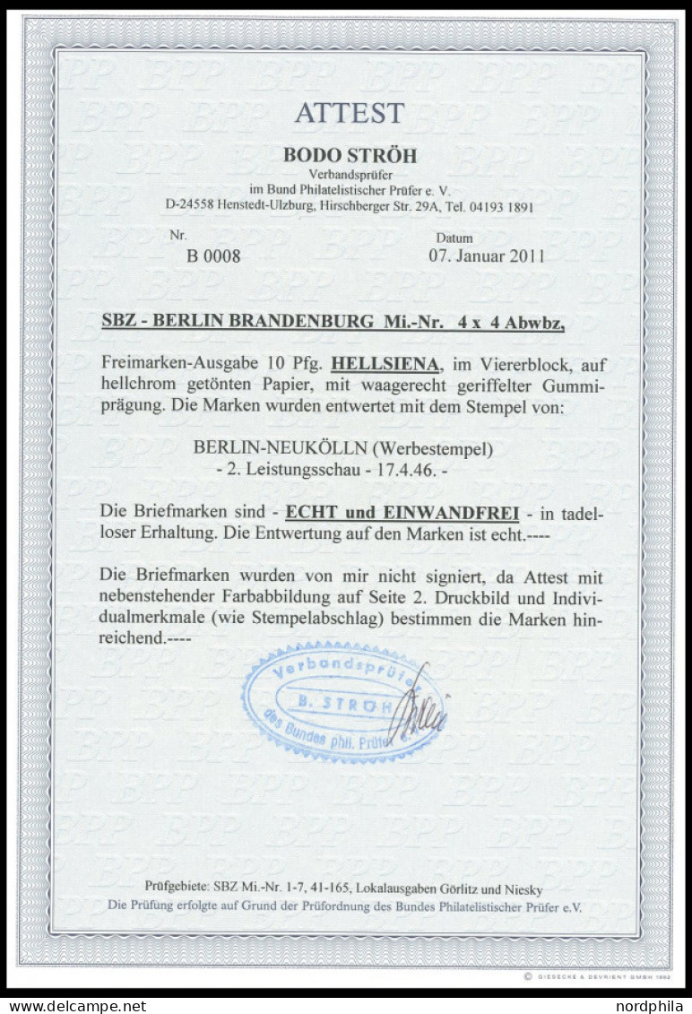 BERLIN UND BRANDENBURG 4Abwbz VB O, 1945, 10 Pf. Hellsiena, Hellchromgelbes Papier, Geriffelte Gummierung, Im Viererbloc - Autres & Non Classés