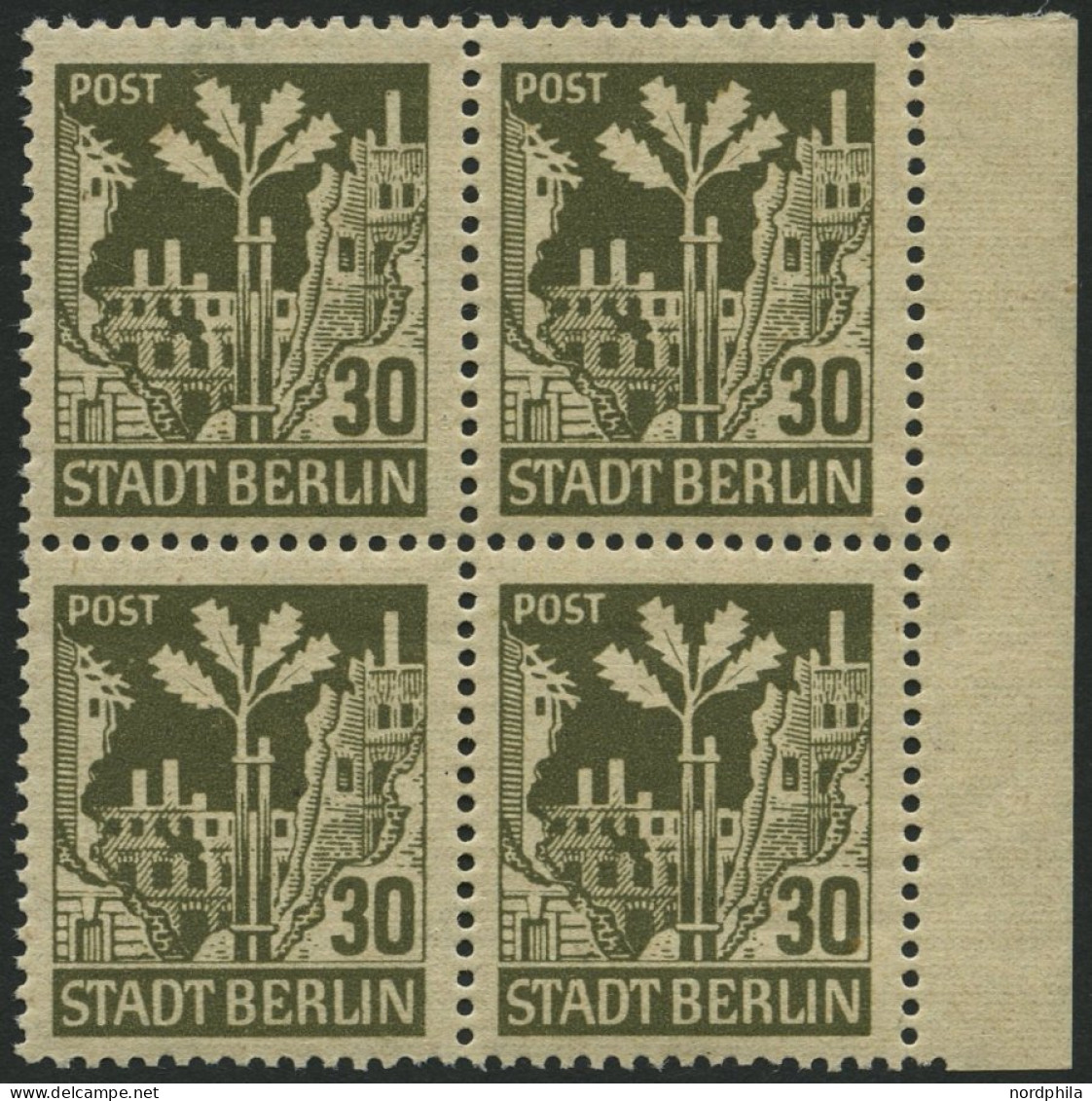 BERLIN UND BRANDENBURG 7Abwaz VB , 1945, 30 Pf. Schwärzlichbraunoliv Im Randviererblock, Pracht, Gepr. Zierer, Mi. 160.- - Other & Unclassified