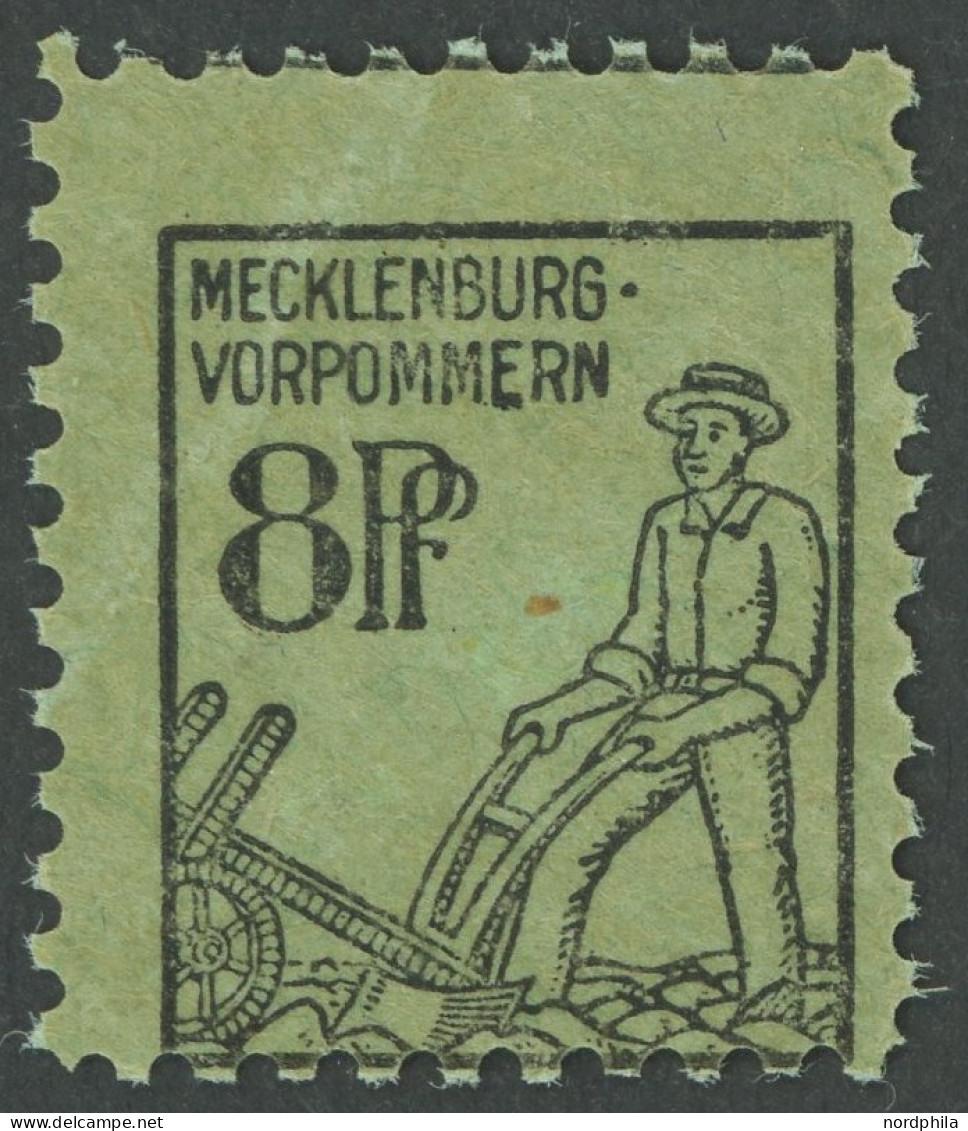 MECKLENBURG-VORPOMMERN 14yG , 1945, 8 Pf. Schwarz Auf Hellbläulichgraugrün Mit Seltener Abart Druck Auf Der Gummiseite,  - Sonstige & Ohne Zuordnung