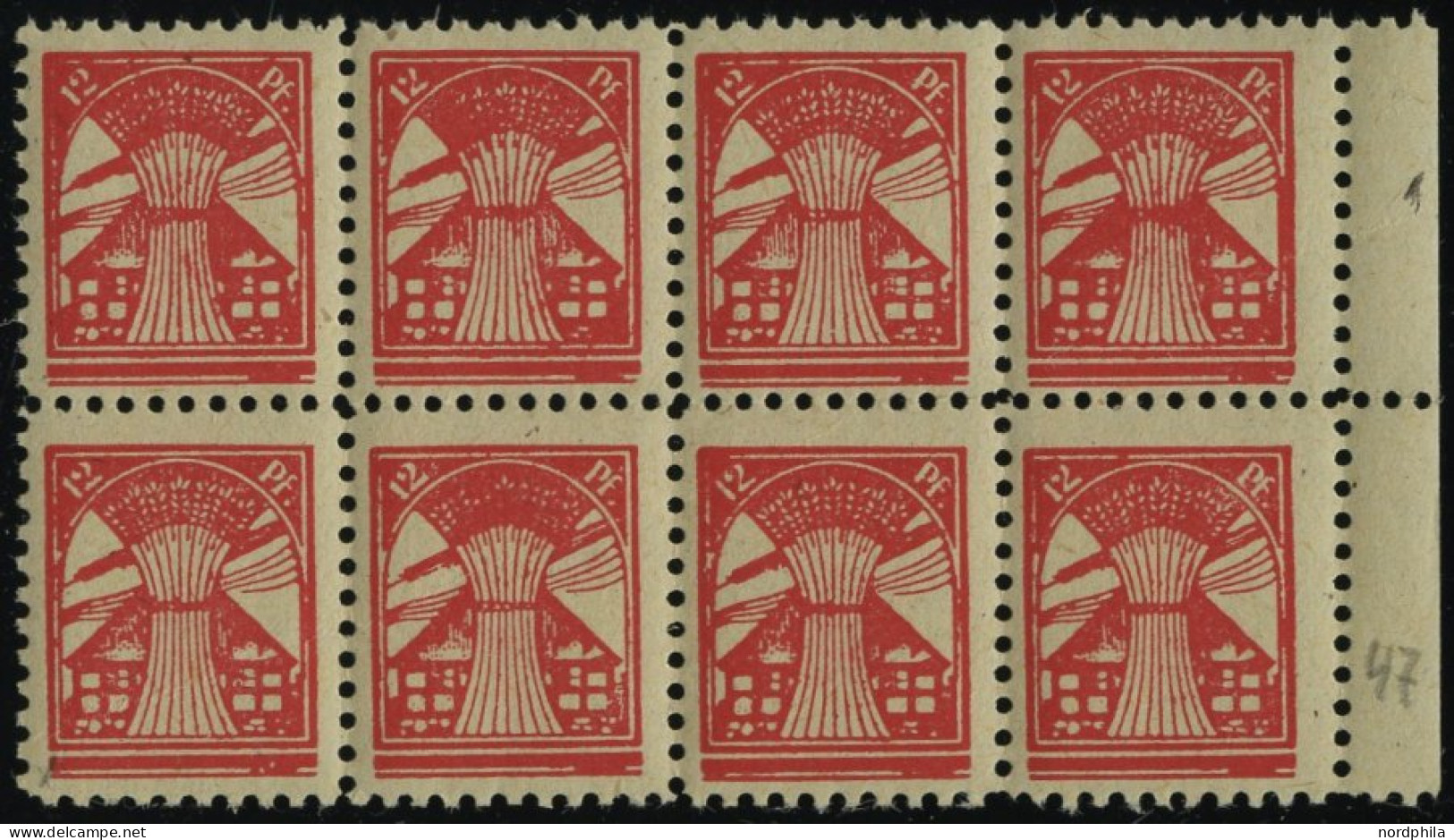 MECKLENBURG-VORPOMMERN 18bPFIV , 1945, 12 Pf. Rosa Im Achterblock, Dabei Feld 47 Mit Plattenfehler, Leichter Diagonaler  - Sonstige & Ohne Zuordnung