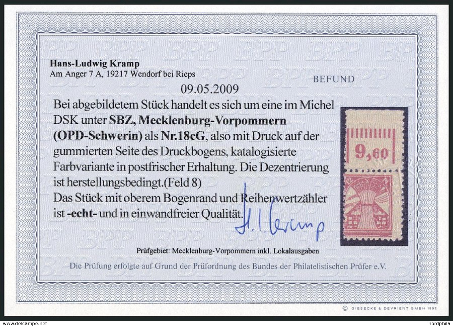 MECKLENBURG-VORPOMMERN 18cG , 1945, 12 Pf. Rosarot, Druck Auf Gummiseite, Oberrandstück, Pracht, Fotobefund Kramp, Mi. ( - Sonstige & Ohne Zuordnung