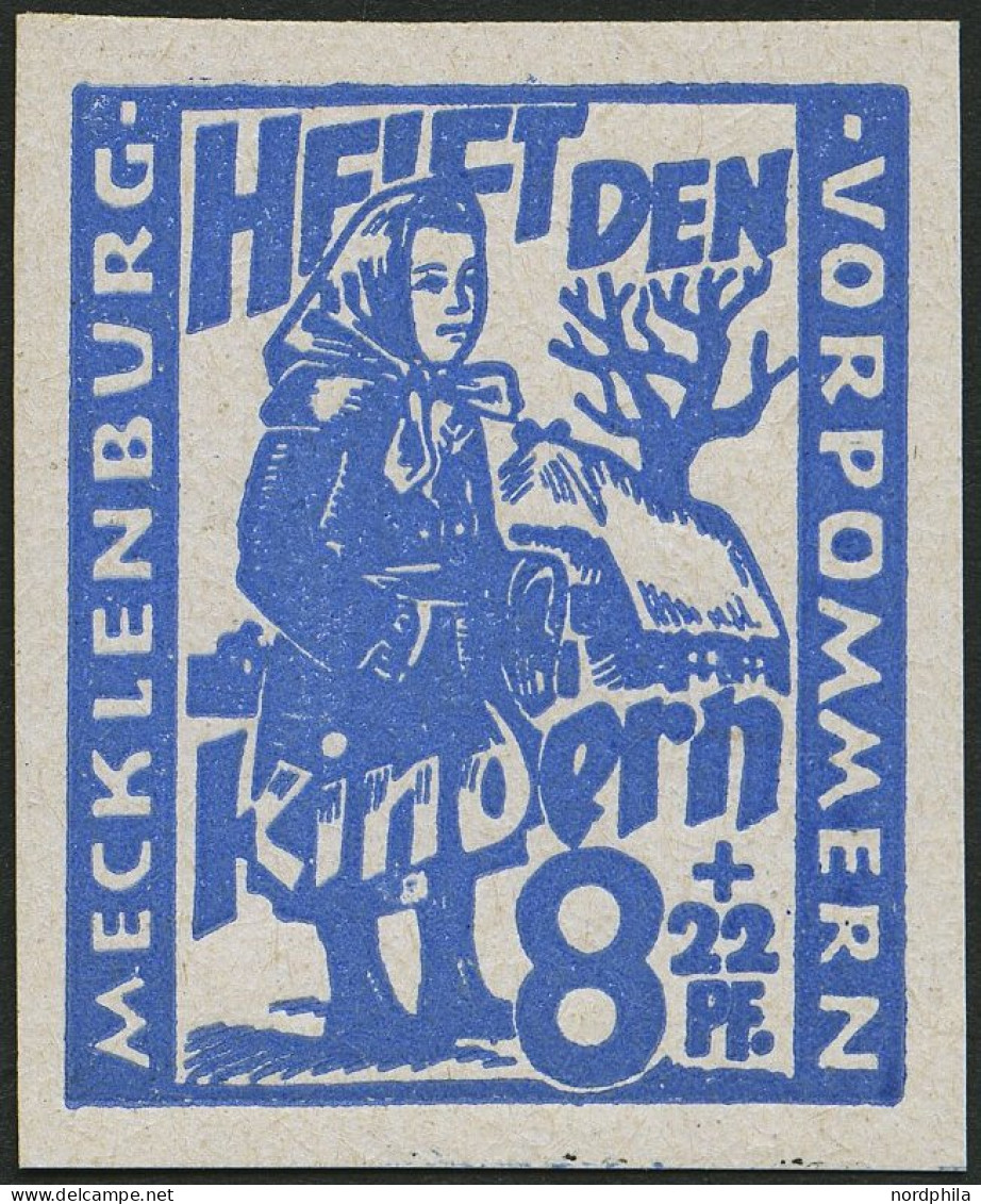 MECKLENBURG-VORPOMMERN 27aDDU , 1945, 8 Pf. Hellultramarin Kinderhilfe, Doppeldruck, Ungezähnt, Pracht, Gepr. Kramp, Mi. - Sonstige & Ohne Zuordnung