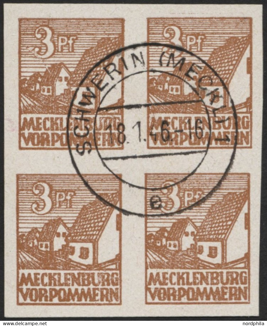 MECKLENBURG-VORPOMMERN 29xa VB O, 1946, 3 Pf. Lebhaftorangebraun, Kreidepapier, Im Zentrisch Gestempelten Viererblock, P - Andere & Zonder Classificatie