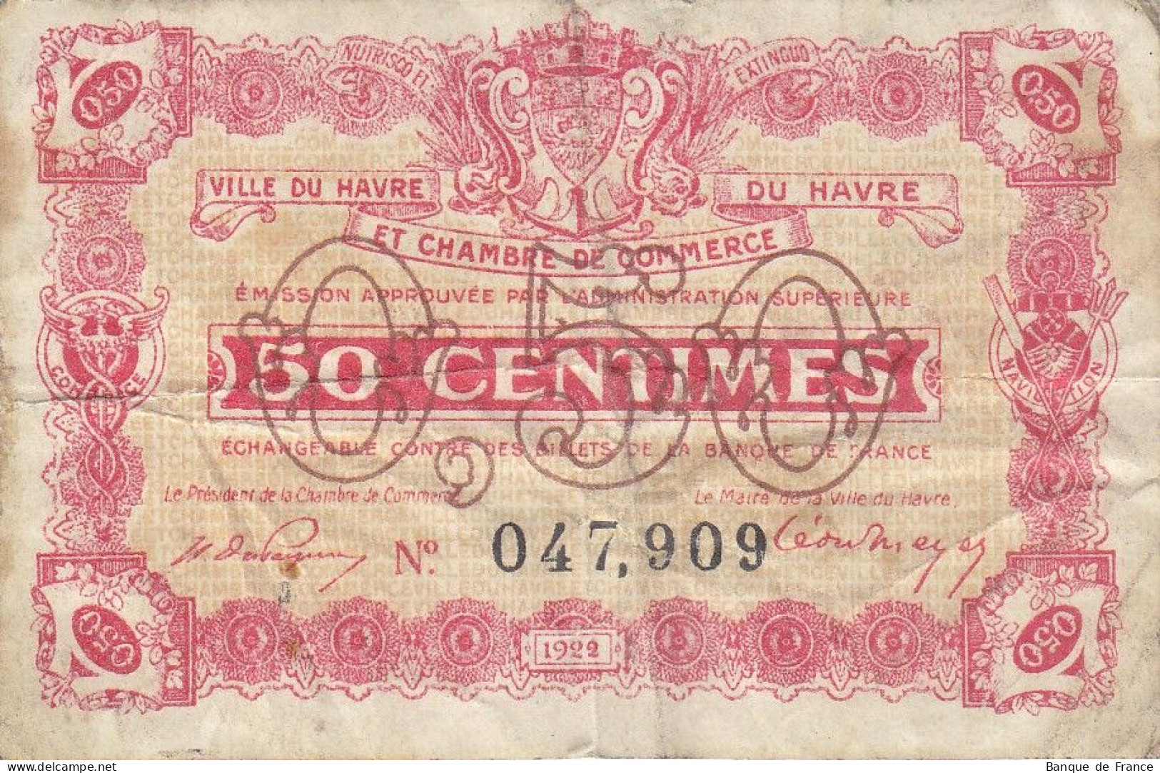 Le Havre 50 C Emission De Remplacement Du 8 Juillet 1922 - JP.068.33 Assez RARE - Chambre De Commerce