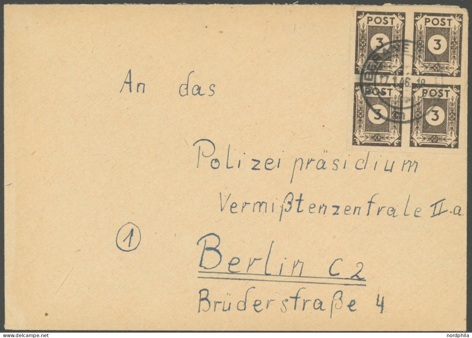 OST-SACHSEN 51atx VB BRIEF, 1946, 3 Pf. Schwarzbraun Im Viererblock Auf Brief Von Meerane Nach Berlin, Pracht, Gepr. Kun - Sonstige & Ohne Zuordnung