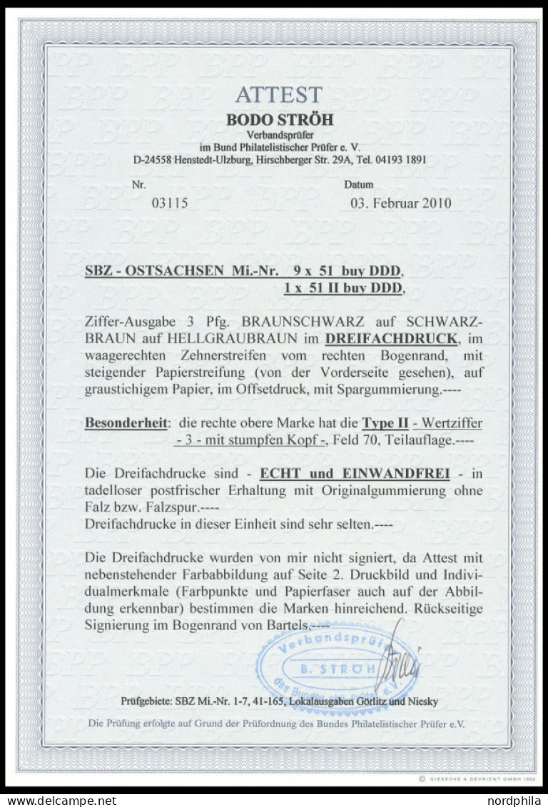 OST-SACHSEN 51IIbuyDDD , 1945, 3 Pf. Braunschwarz Auf Schwarzbraun Auf Hellgraubraun, Seltener Dreifachdruck Im Waagerec - Sonstige & Ohne Zuordnung