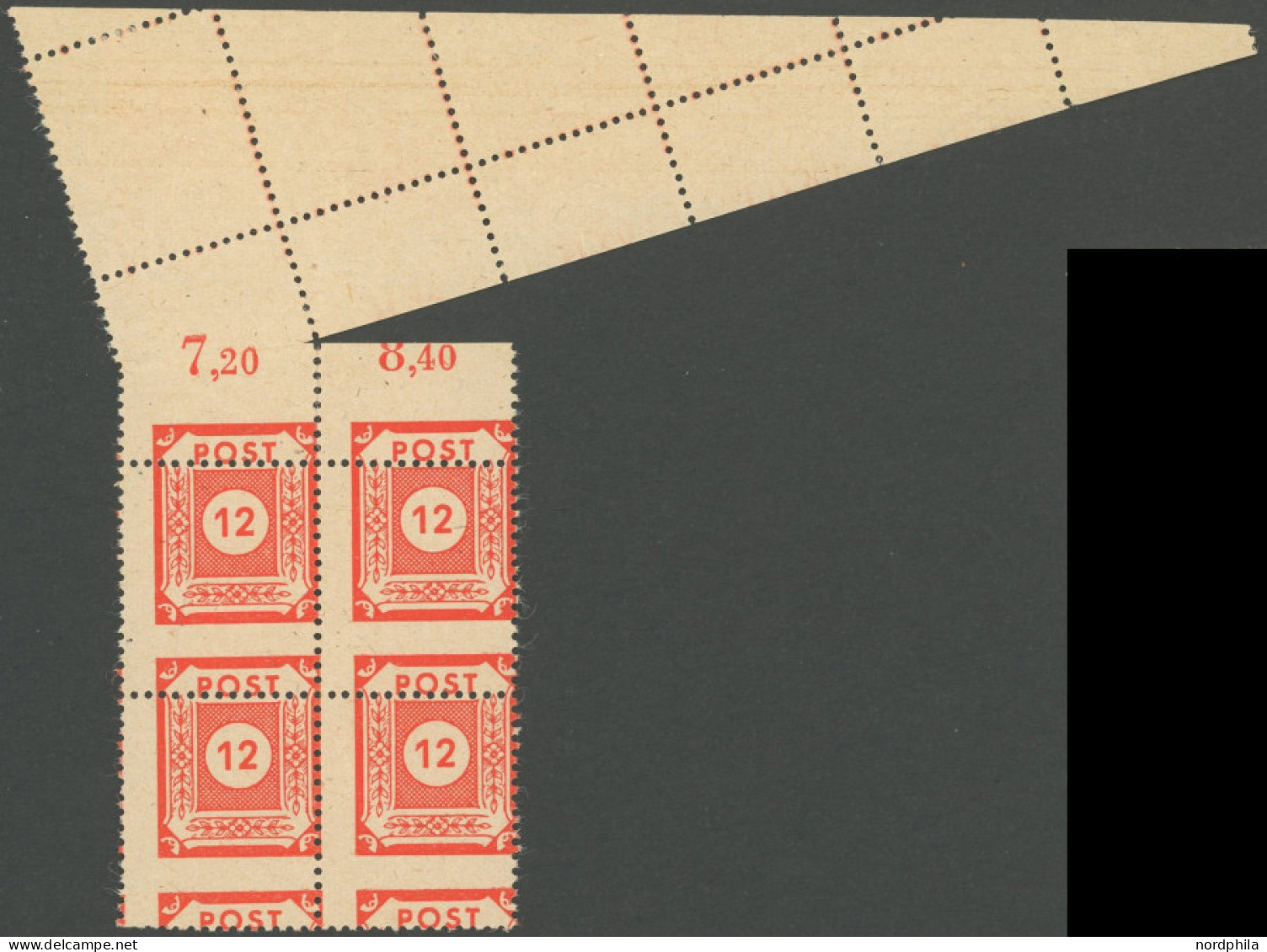 OST-SACHSEN 60a VB , 1945, 12 Pf. Orangerot Im Viererblock, Durch Bogenumschlag Kleines Anhängendes Gezähntes Bogenteil, - Other & Unclassified