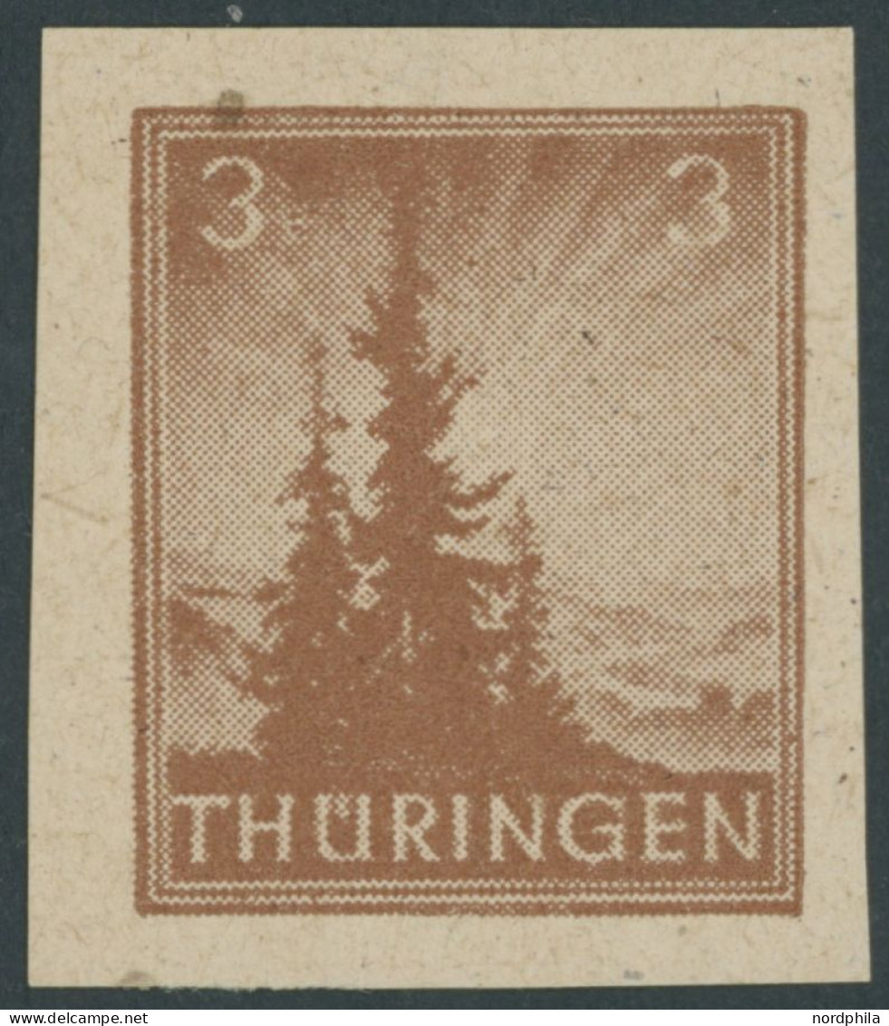 THÜRINGEN 92AYz1U , 1945, 3 Pf. Orangebraun, Spargummierung, Dickes Papier, Steigende Papierstreifung, Ungezähnt, Pracht - Autres & Non Classés