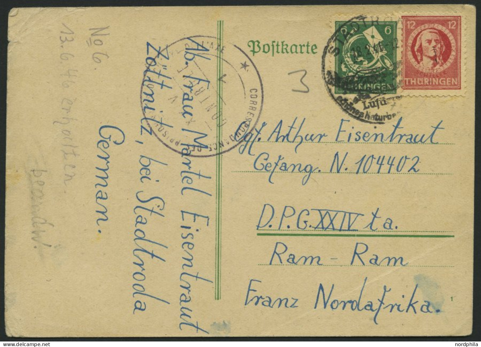 THÜRINGEN 95,97AX BRIEF, 18.2.1946, 6 Pf. Dunkelgrün Und 12 Pf. Karminrot Auf Kriegsgefangenenkarte Nach Französisch Nor - Autres & Non Classés