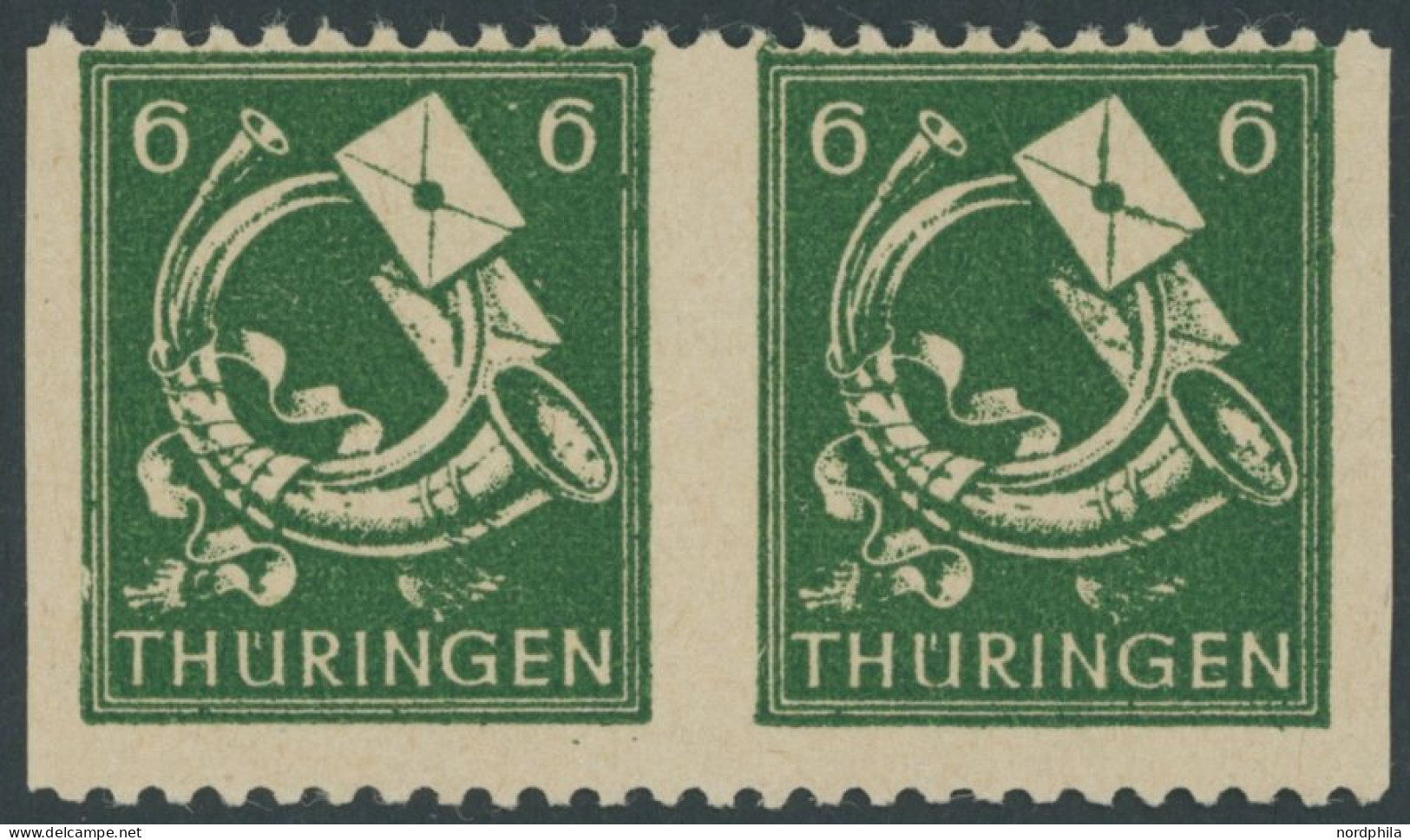 THÜRINGEN 95AXatUs Paar , 1945, 6 Pf. Dunkelgrün, Vollgummierung, Gelblichgraues Papier, Im Waagerechten Paar, Senkrecht - Autres & Non Classés