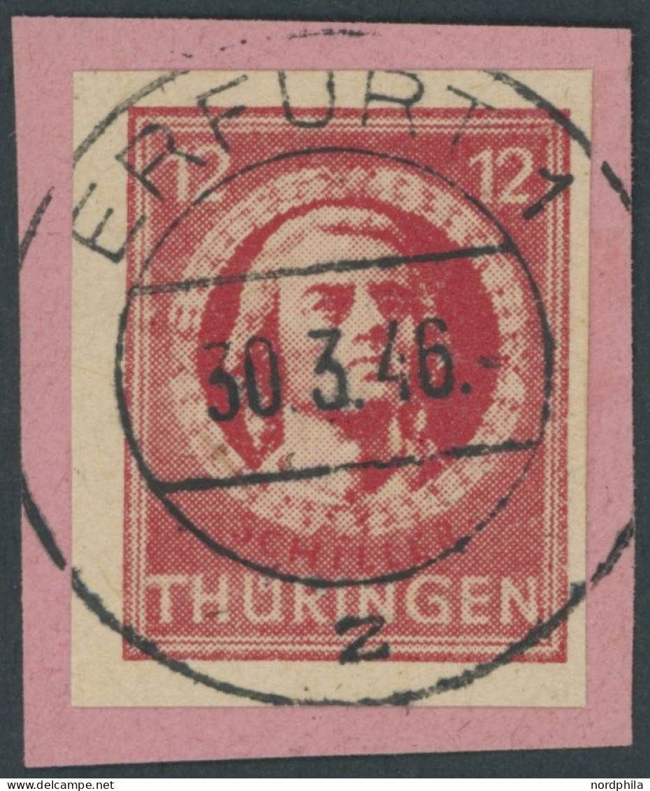 THÜRINGEN 97AXaqU BrfStk, 1945, 12 Pf. Karminrot, Vollgummierung, Graues Kartonpapier, Ungezähnt, Prachtbriefstück, Gepr - Andere & Zonder Classificatie